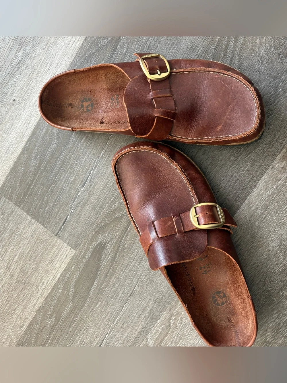 Birkenstock Brown Leather Buckle Slip-On Clogs